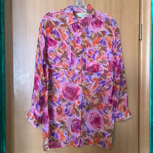 Peters & Ashley Floral Rose Pattern Sheer Button up Blouse - Picture 1 of 6